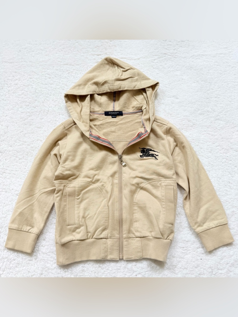 Burberry Boy Girl Kids Size 4 Zip Up Hoodie Authentic Horse Cotton Beige 4T